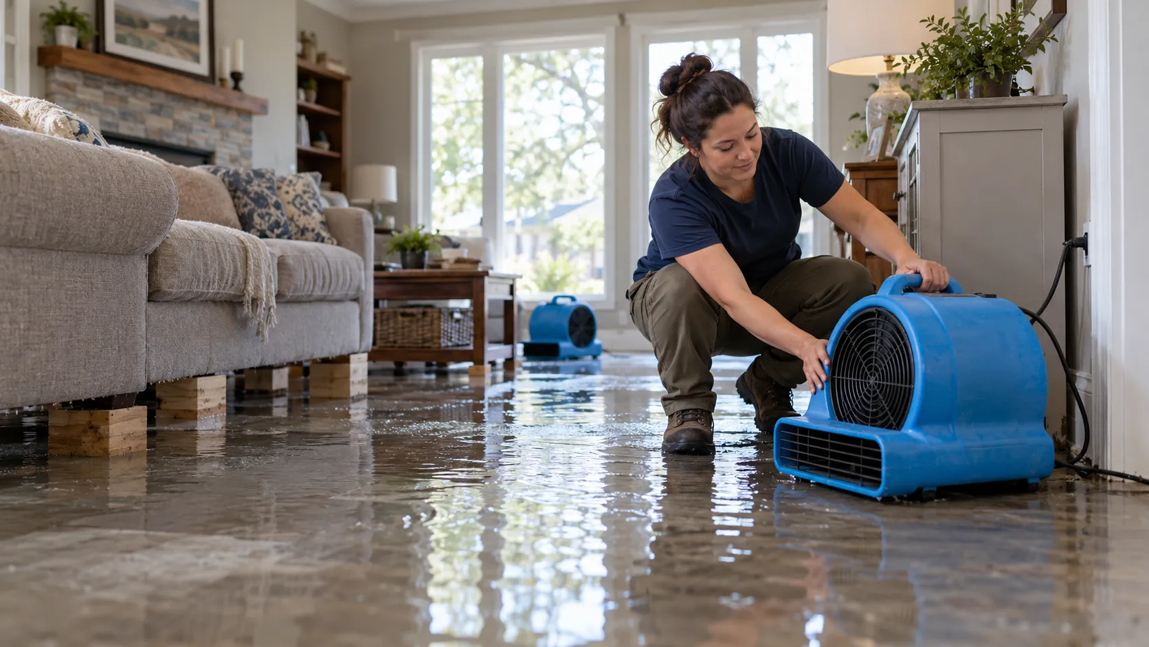 Water damage restoration technician drying a flooded living room in Lansing